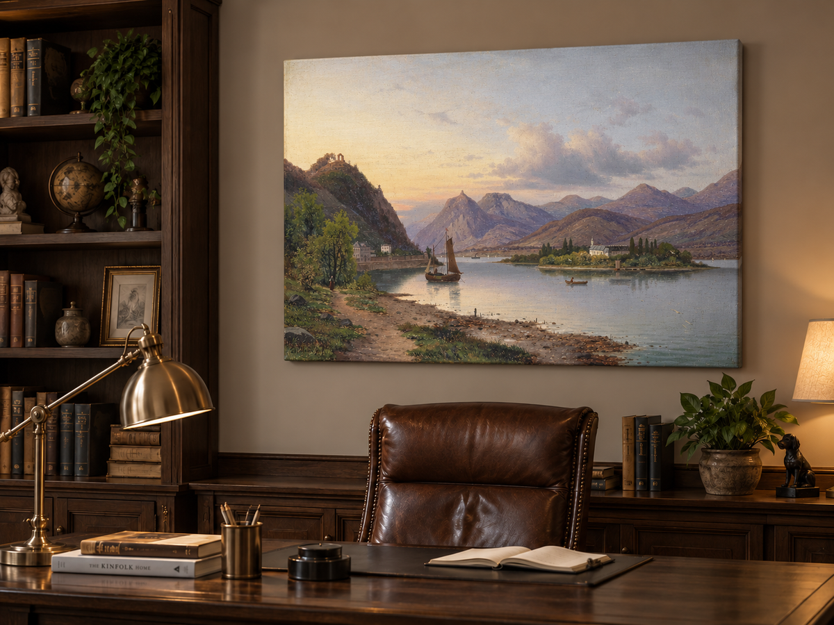 Peinture à l'huile de paysage - Soirée au bord du lac, voilier et montagne