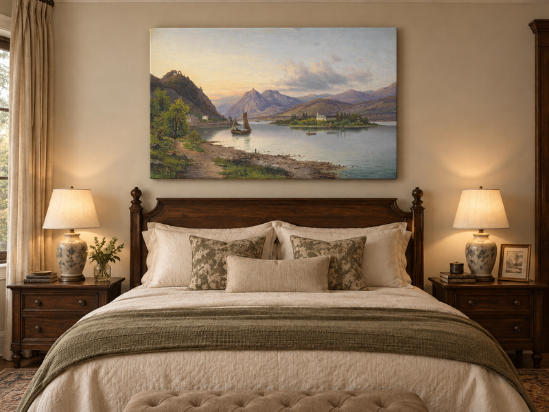Peinture à l'huile de paysage - Soirée au bord du lac, voilier et montagne