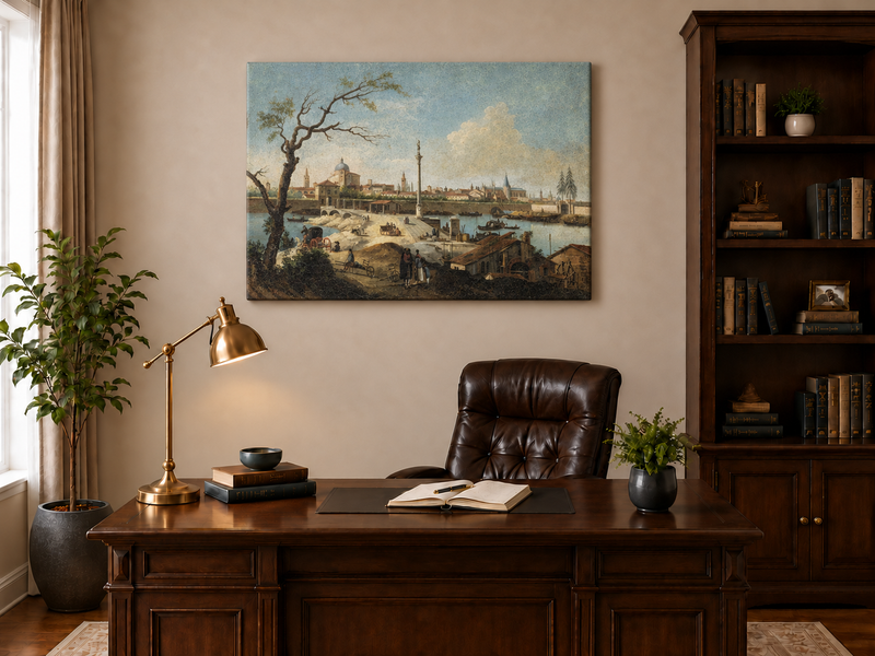 Ölgemälde Landschaft - Kai einer Stadt am Fluss