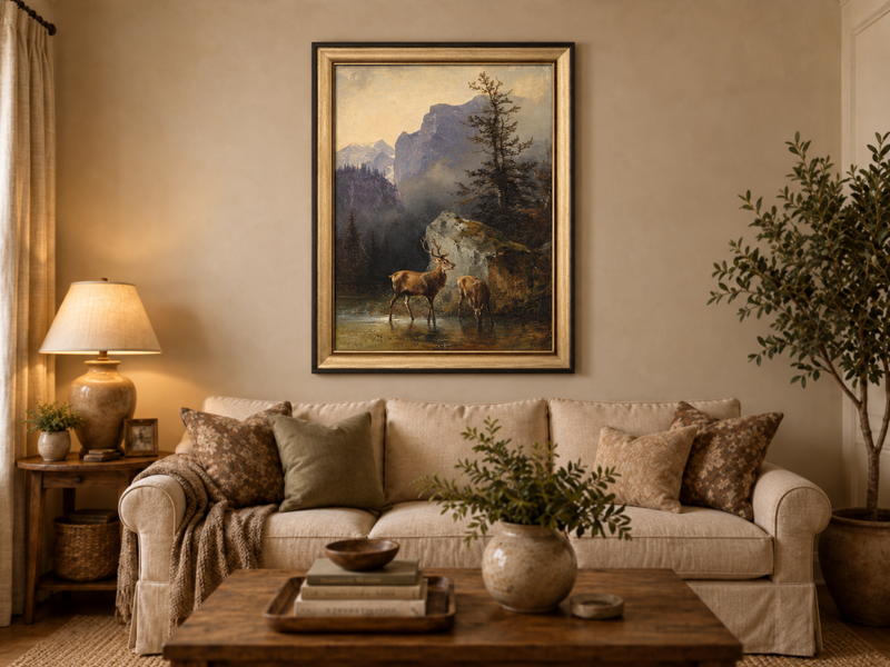 Landscape Oil Painting - Lake Deer Pair: Misty Mountain & Rocky