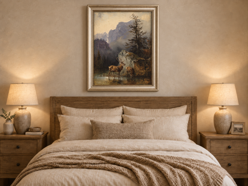 Landscape Oil Painting - Lake Deer Pair: Misty Mountain & Rocky