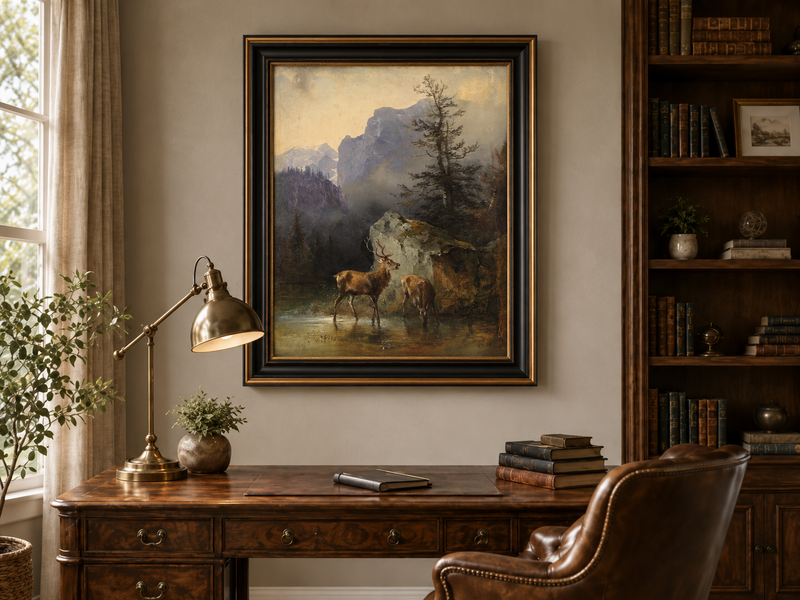 Landscape Oil Painting - Lake Deer Pair: Misty Mountain & Rocky