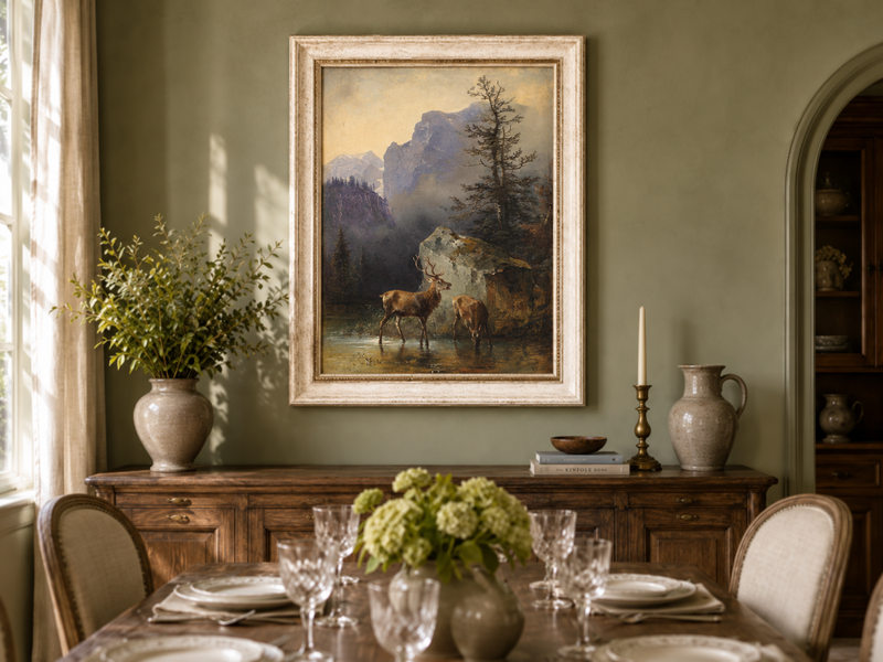 Landscape Oil Painting - Lake Deer Pair: Misty Mountain & Rocky