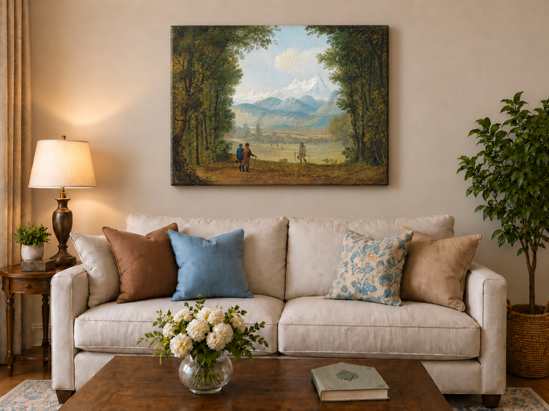 Landscape Oil Painting - Forest Path Figures & Snow-Capped