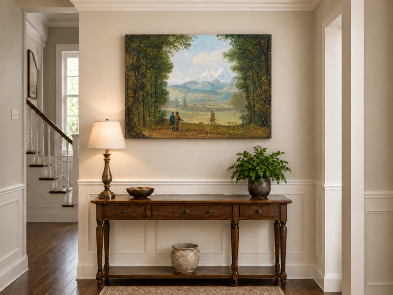 Landscape Oil Painting - Forest Path Figures & Snow-Capped