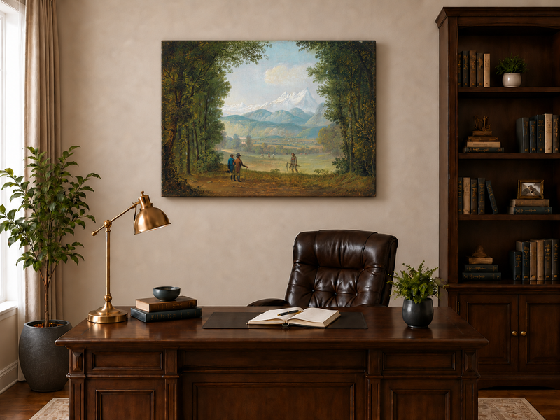 Landscape Oil Painting - Forest Path Figures & Snow-Capped