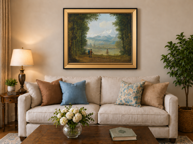 Landscape Oil Painting - Forest Path Figures & Snow-Capped