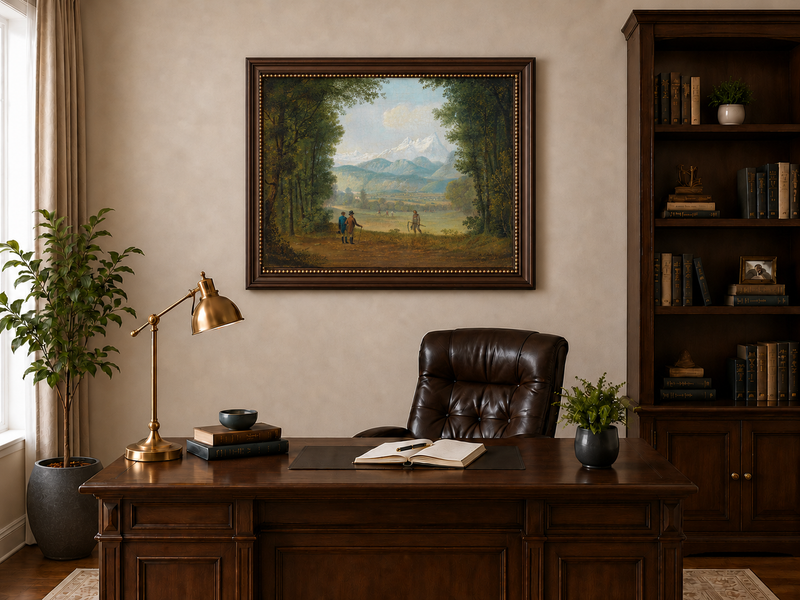 Landscape Oil Painting - Forest Path Figures & Snow-Capped