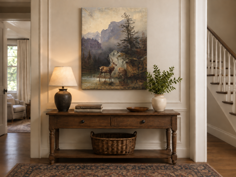 Landscape Oil Painting - Lake Deer Pair: Misty Mountain & Rocky