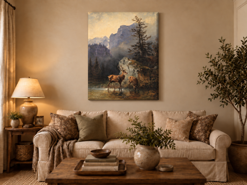 Landscape Oil Painting - Lake Deer Pair: Misty Mountain & Rocky