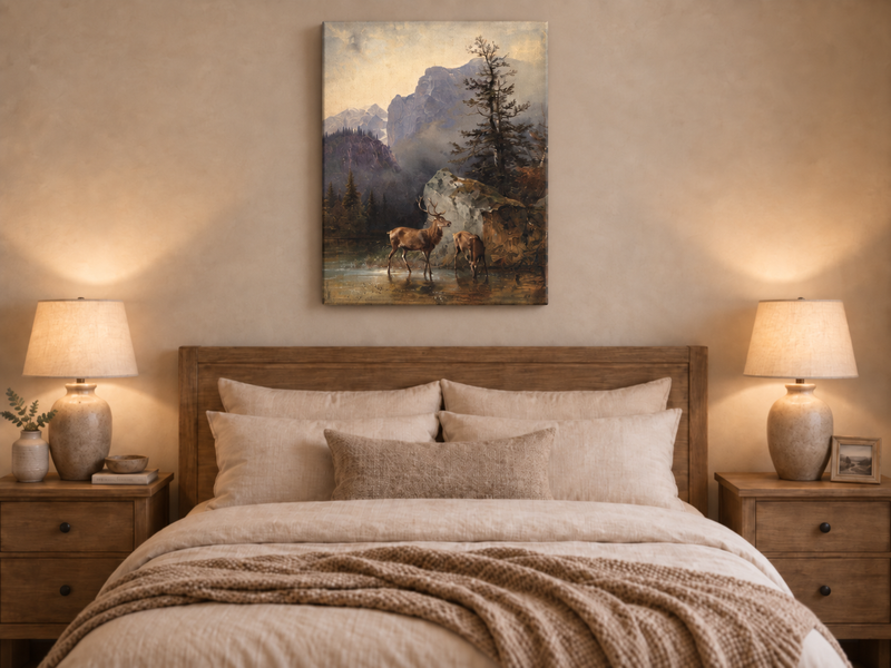Landscape Oil Painting - Lake Deer Pair: Misty Mountain & Rocky