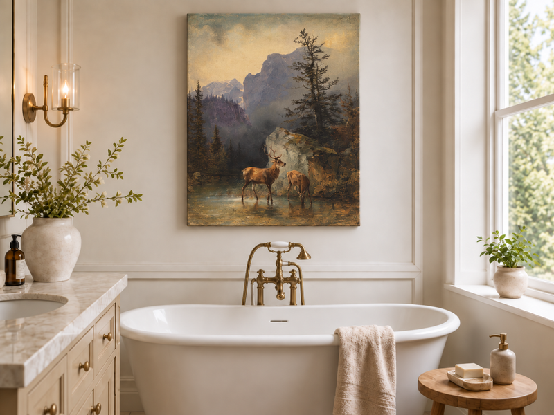 Landscape Oil Painting - Lake Deer Pair: Misty Mountain & Rocky