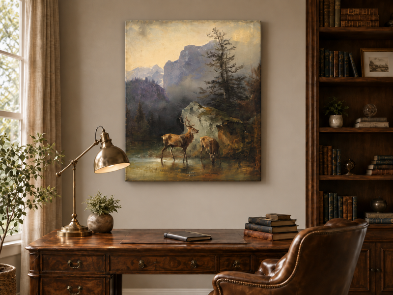 Landscape Oil Painting - Lake Deer Pair: Misty Mountain & Rocky