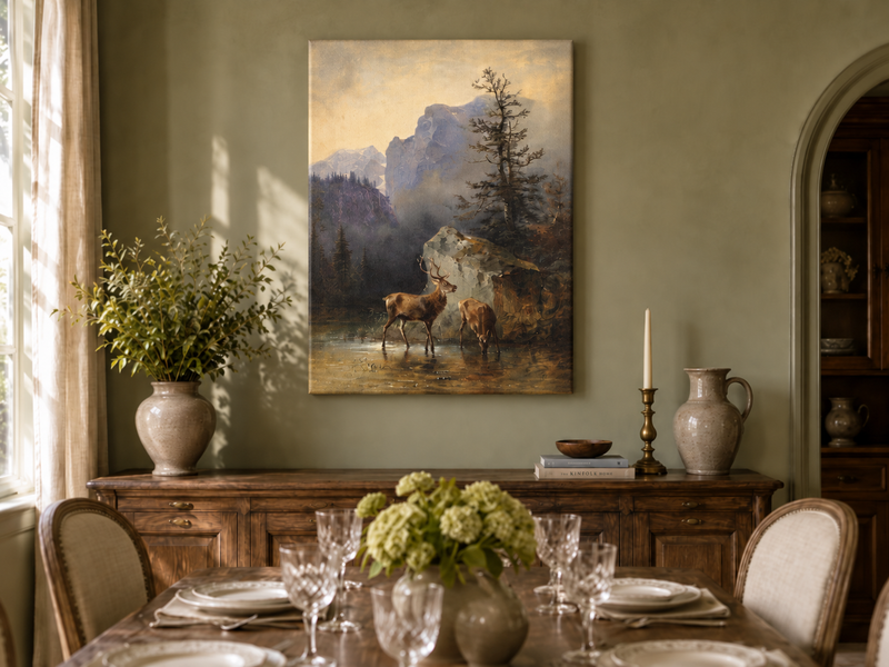 Landscape Oil Painting - Lake Deer Pair: Misty Mountain & Rocky