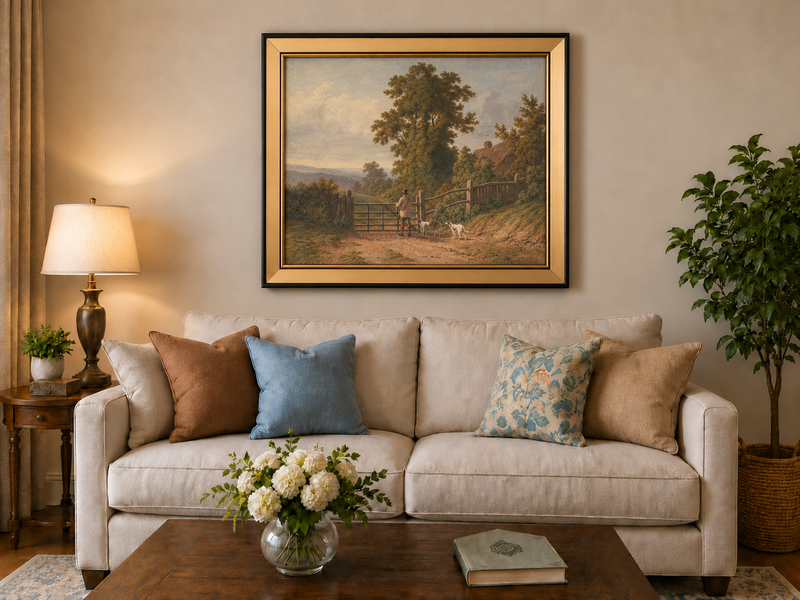 Peinture à l'huile de paysage - Gouffre rocheux spectaculaire avec personnages
