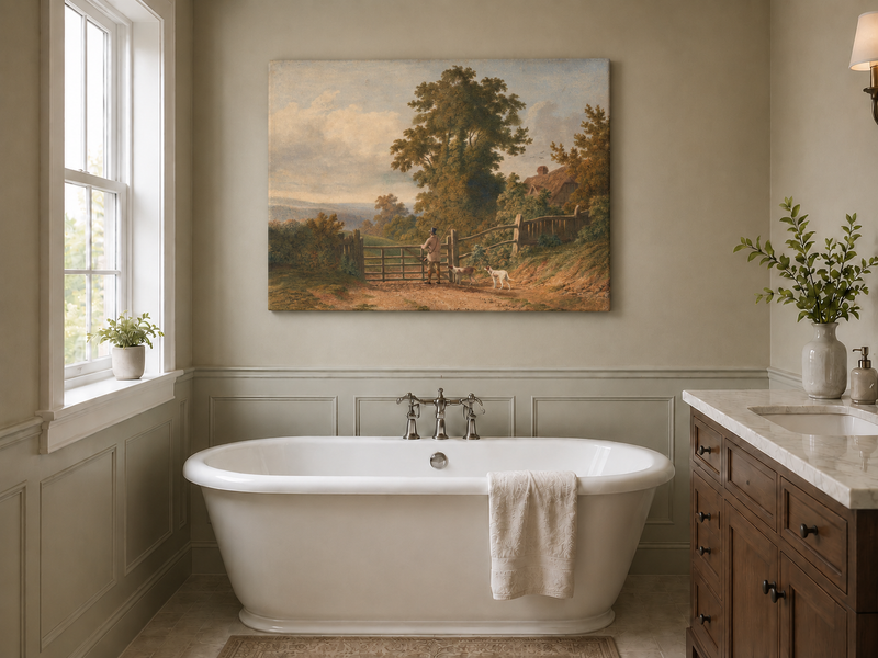 Peinture à l'huile de paysage - Gouffre rocheux spectaculaire avec personnages