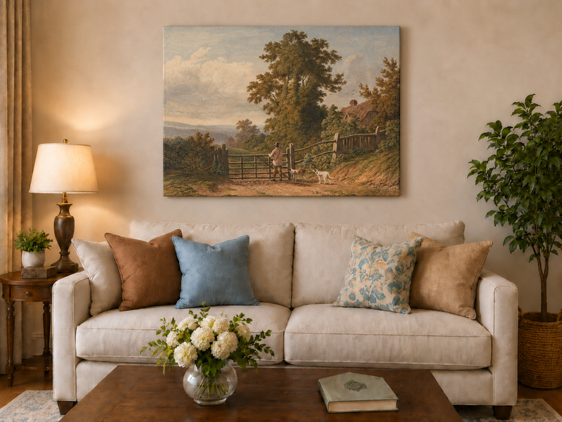 Peinture à l'huile de paysage - Gouffre rocheux spectaculaire avec personnages