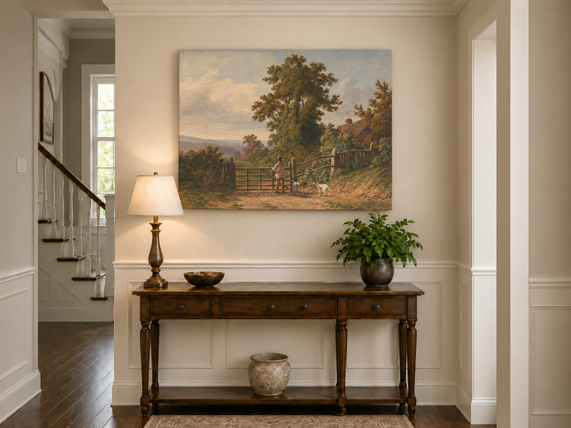 Peinture à l'huile de paysage - Gouffre rocheux spectaculaire avec personnages