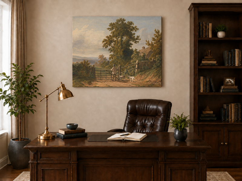 Peinture à l'huile de paysage - Gouffre rocheux spectaculaire avec personnages