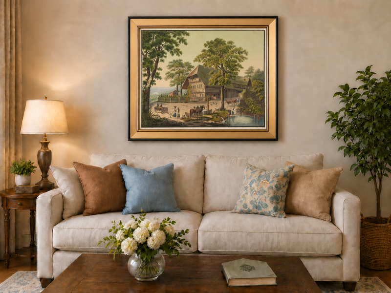 Landscape Oil Painting - Country Farmhouse with Pond and Horses