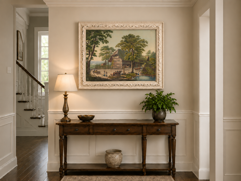 Landscape Oil Painting - Country Farmhouse with Pond and Horses