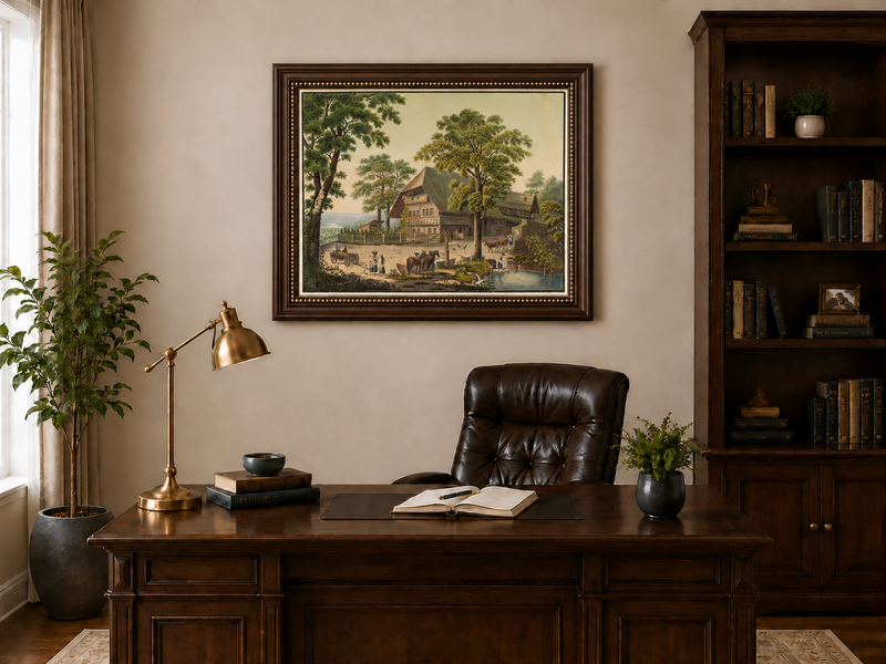 Landscape Oil Painting - Country Farmhouse with Pond and Horses