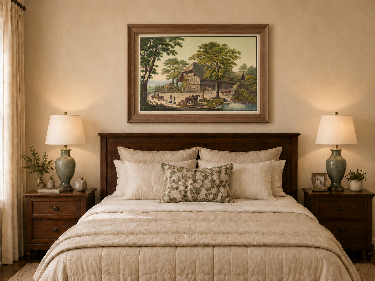 Landscape Oil Painting - Country Farmhouse with Pond and Horses