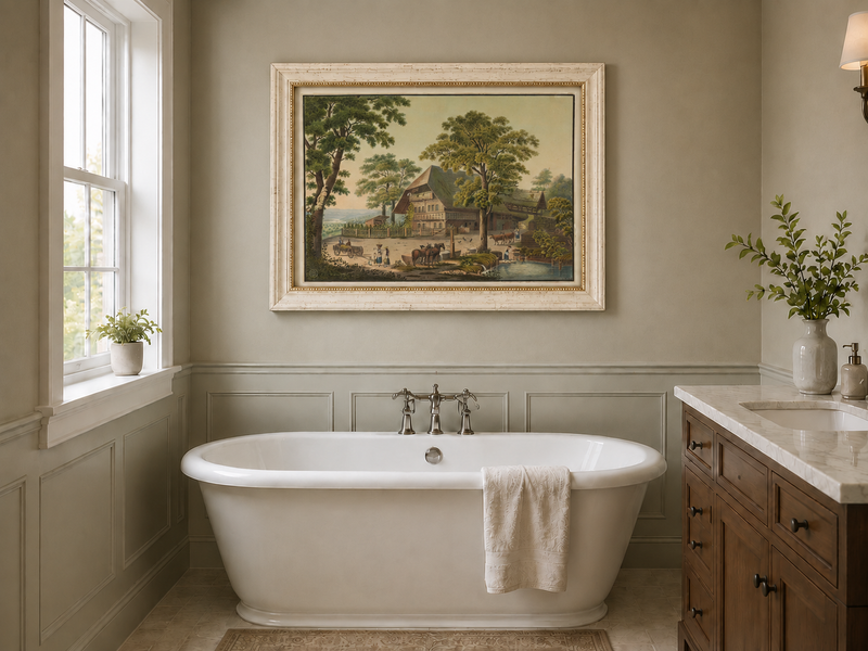 Landscape Oil Painting - Country Farmhouse with Pond and Horses