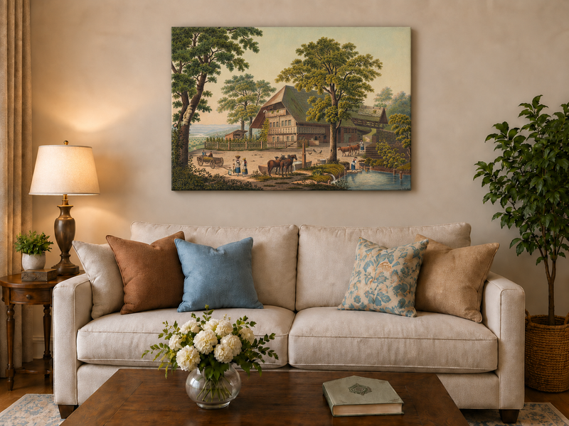 Landscape Oil Painting - Country Farmhouse with Pond and Horses