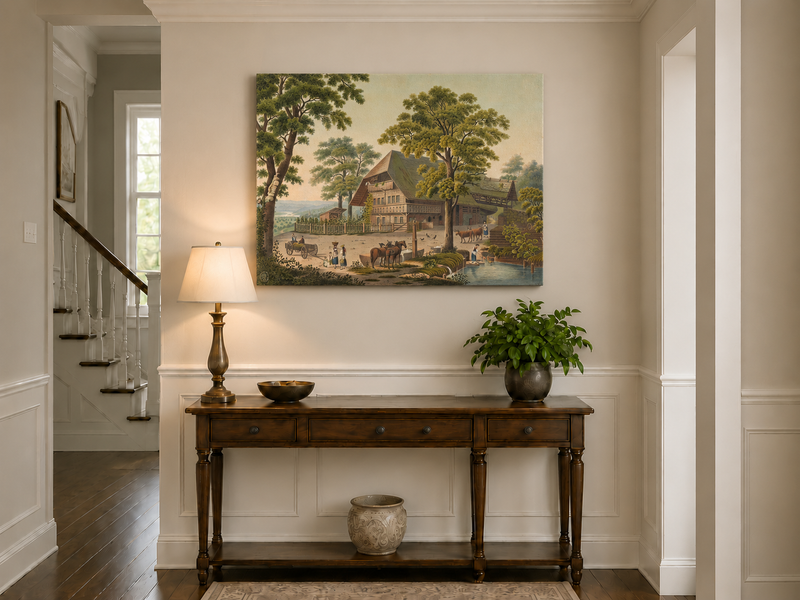 Landscape Oil Painting - Country Farmhouse with Pond and Horses