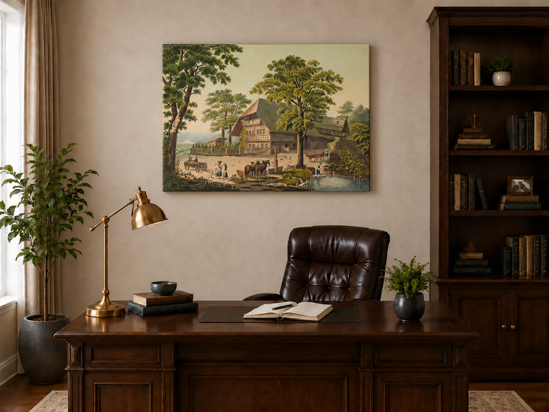 Landscape Oil Painting - Country Farmhouse with Pond and Horses