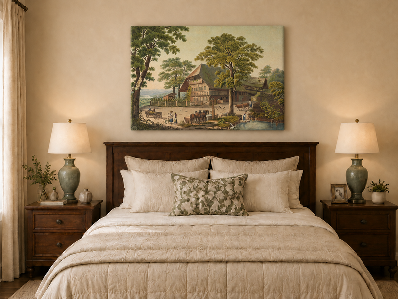Landscape Oil Painting - Country Farmhouse with Pond and Horses