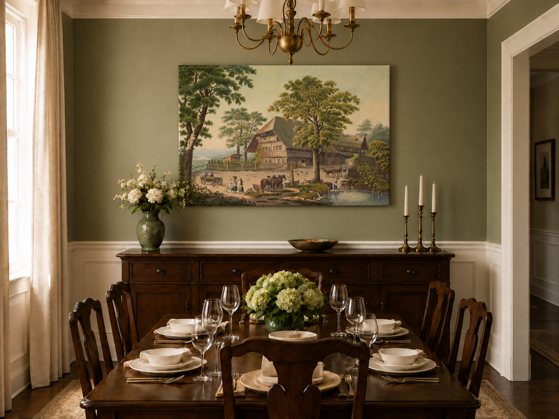 Landscape Oil Painting - Country Farmhouse with Pond and Horses