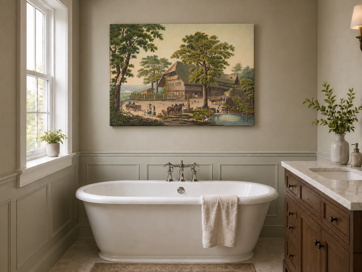 Landscape Oil Painting - Country Farmhouse with Pond and Horses