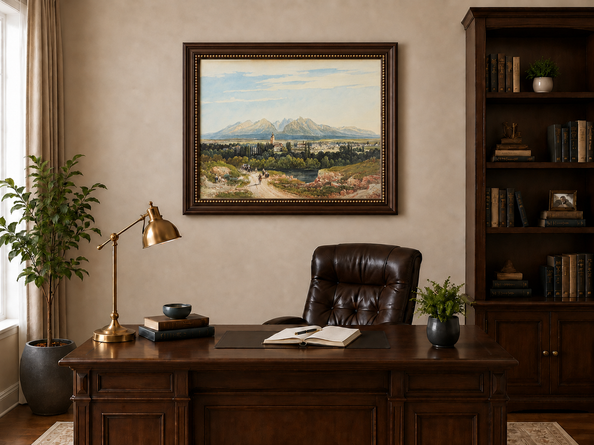 Peinture à l'huile de paysage - Gouffre rocheux spectaculaire avec personnages