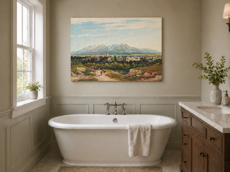 Peinture à l'huile de paysage - Gouffre rocheux spectaculaire avec personnages