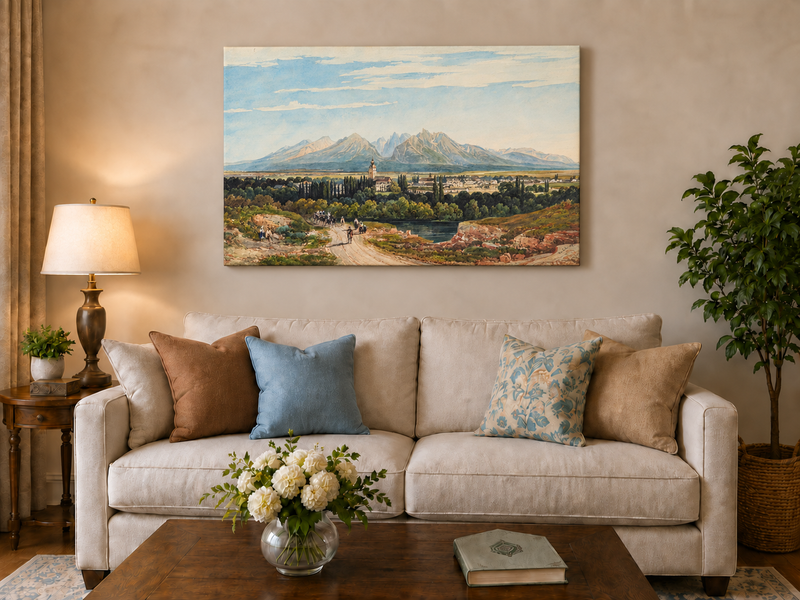 Peinture à l'huile de paysage - Gouffre rocheux spectaculaire avec personnages