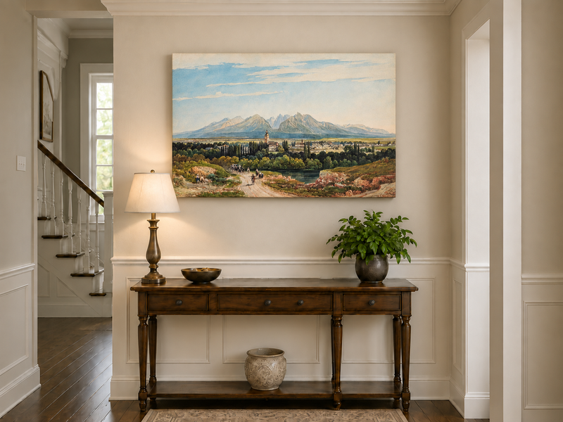Peinture à l'huile de paysage - Gouffre rocheux spectaculaire avec personnages