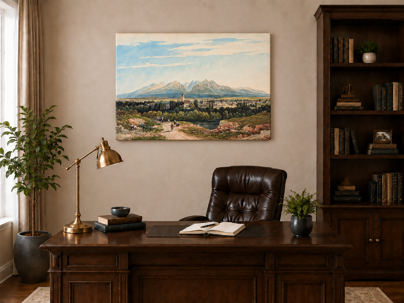 Peinture à l'huile de paysage - Gouffre rocheux spectaculaire avec personnages