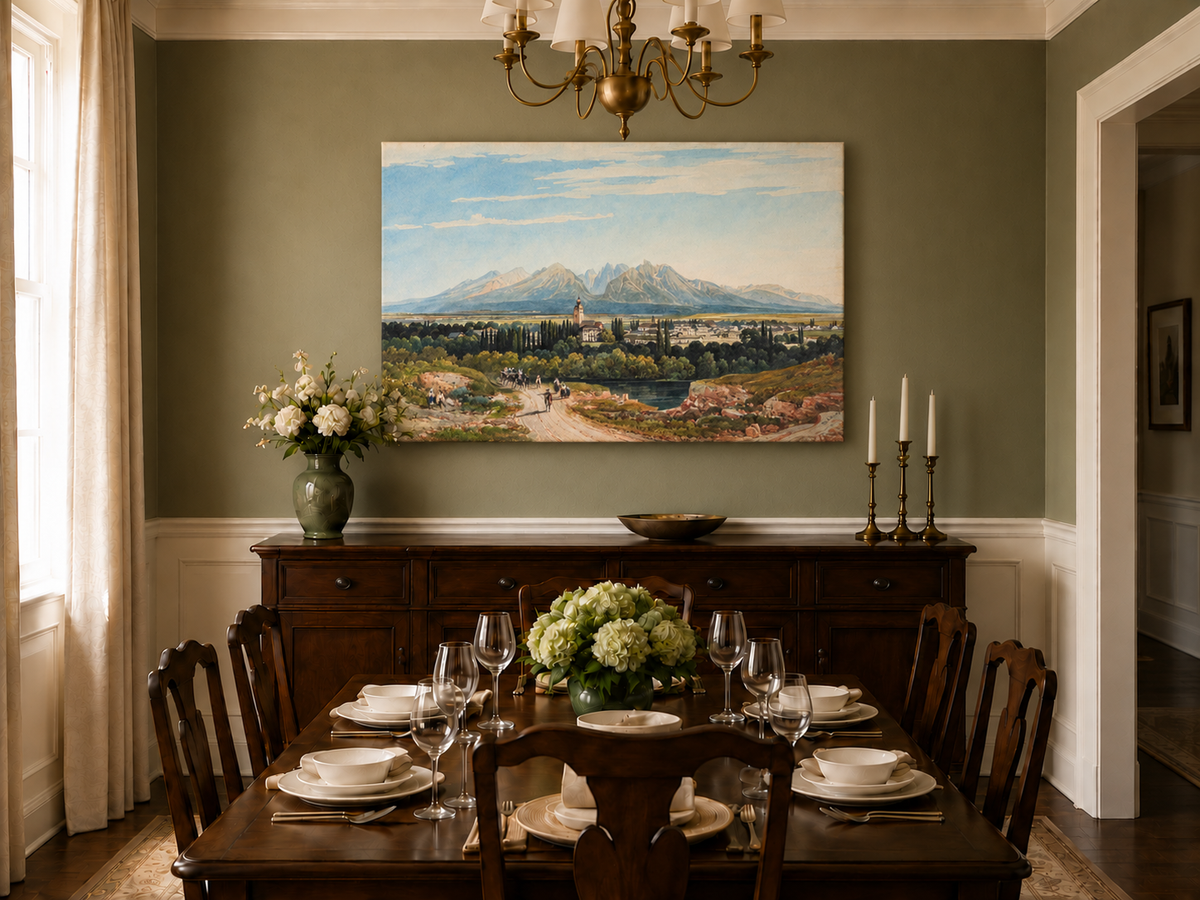 Peinture à l'huile de paysage - Gouffre rocheux spectaculaire avec personnages