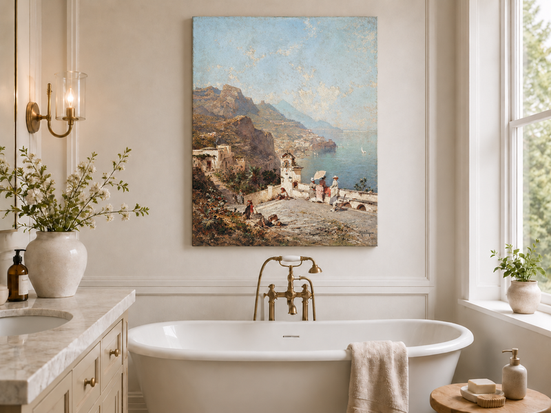 Landscape Oil Painting - Cliffside Terrace and Coastal Bay