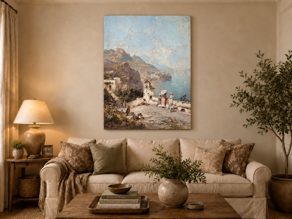 Landscape Oil Painting - Cliffside Terrace and Coastal Bay