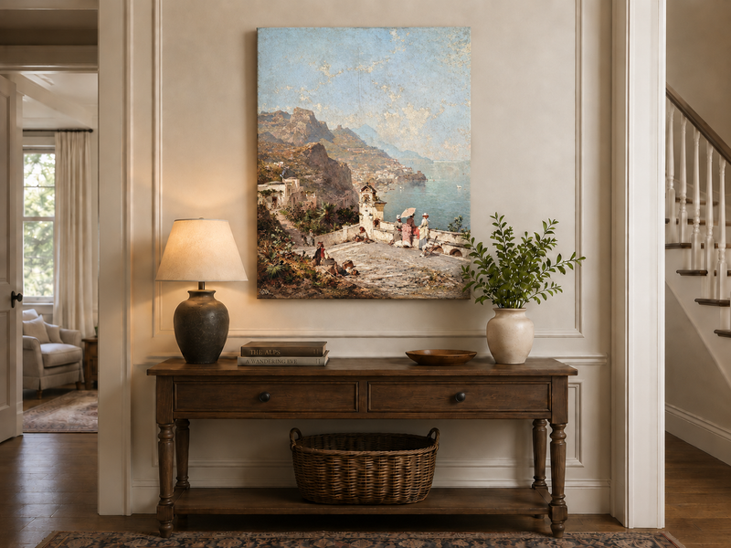 Landscape Oil Painting - Cliffside Terrace and Coastal Bay