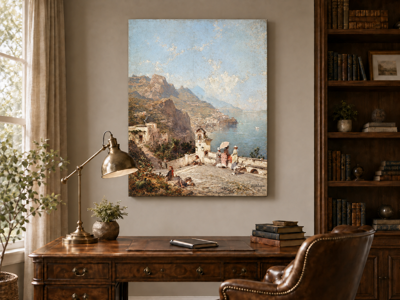Landscape Oil Painting - Cliffside Terrace and Coastal Bay
