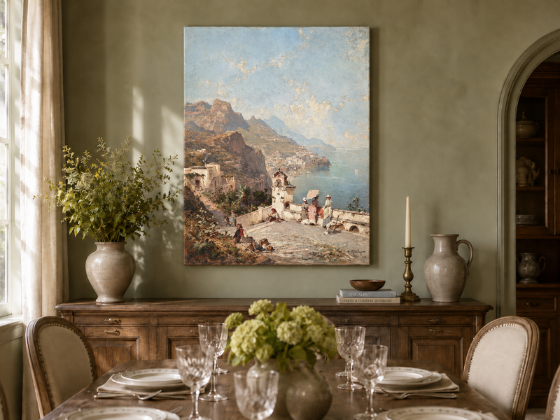 Landscape Oil Painting - Cliffside Terrace and Coastal Bay