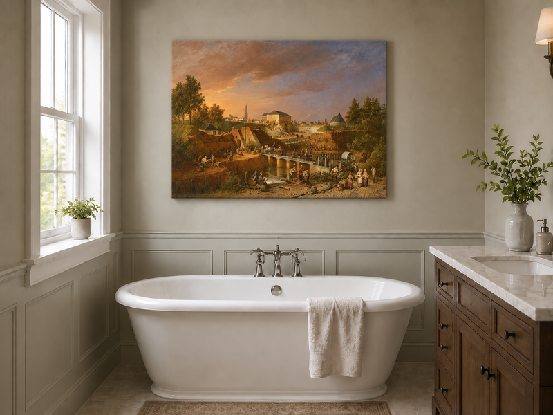 Peinture à l'huile de paysage - Gouffre rocheux spectaculaire avec personnages