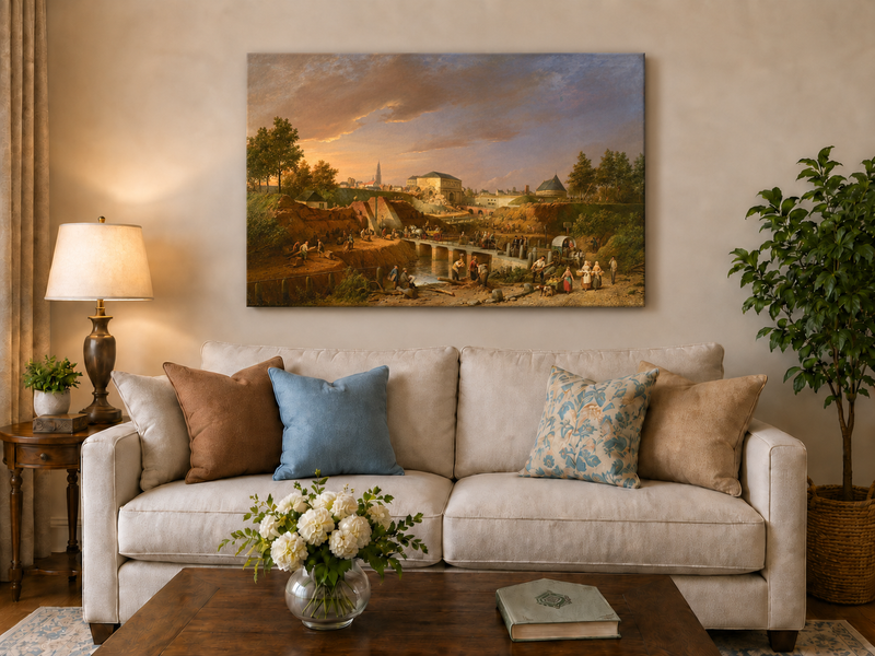 Peinture à l'huile de paysage - Gouffre rocheux spectaculaire avec personnages