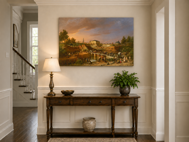 Peinture à l'huile de paysage - Gouffre rocheux spectaculaire avec personnages