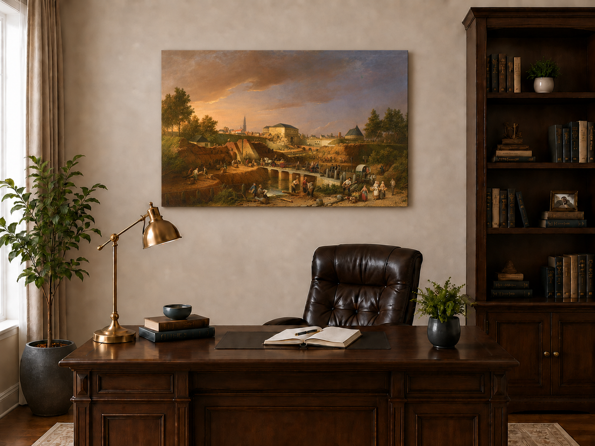 Peinture à l'huile de paysage - Gouffre rocheux spectaculaire avec personnages