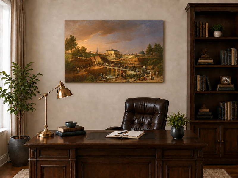 Peinture à l'huile de paysage - Gouffre rocheux spectaculaire avec personnages